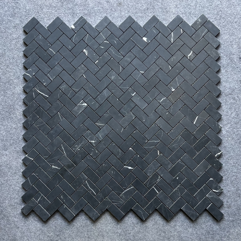 Nero Marquina Marble 1x2 Herringbone Mosaic Tile 3 Nero Marquina Marble 1x2 Herringbone Mosaic Tile 3