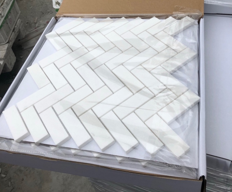 Thassos White Marble Herringbone Mosaic Tile 2