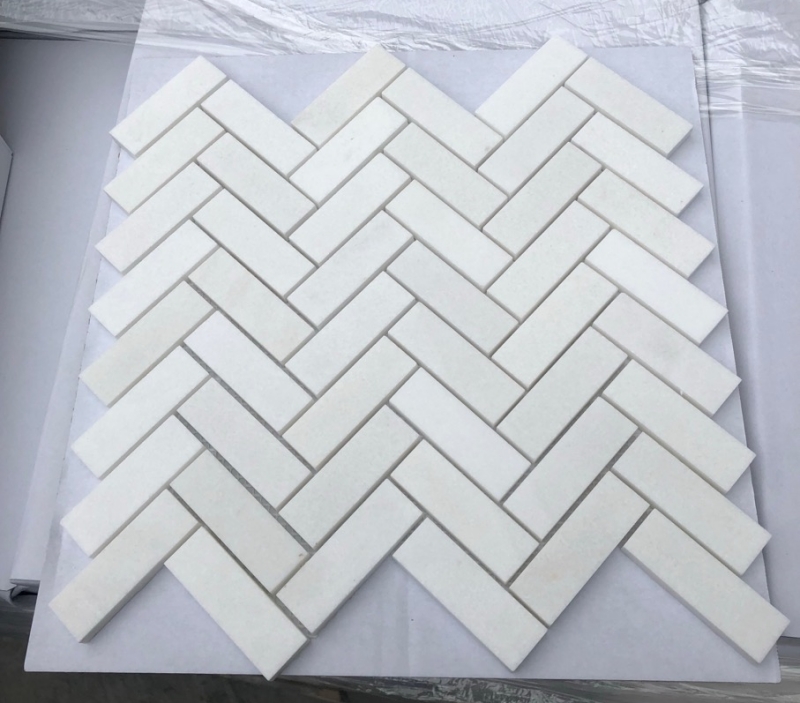 Thassos White Marble Herringbone Mosaic Tile