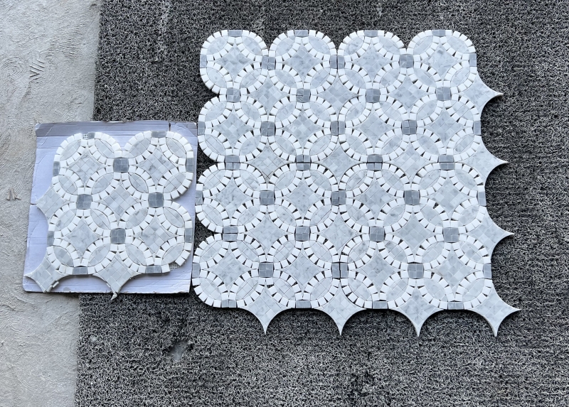Carrara White with Thassos and Blue Dots Waterjet Mosaic Tile 2 Carrara White with Thassos and Blue Dots Waterjet Mosaic Tile 2