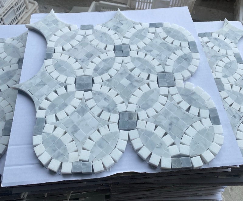 Carrara White with Thassos and Blue Dots Waterjet Mosaic Tile 6 Carrara White with Thassos and Blue Dots Waterjet Mosaic Tile 6
