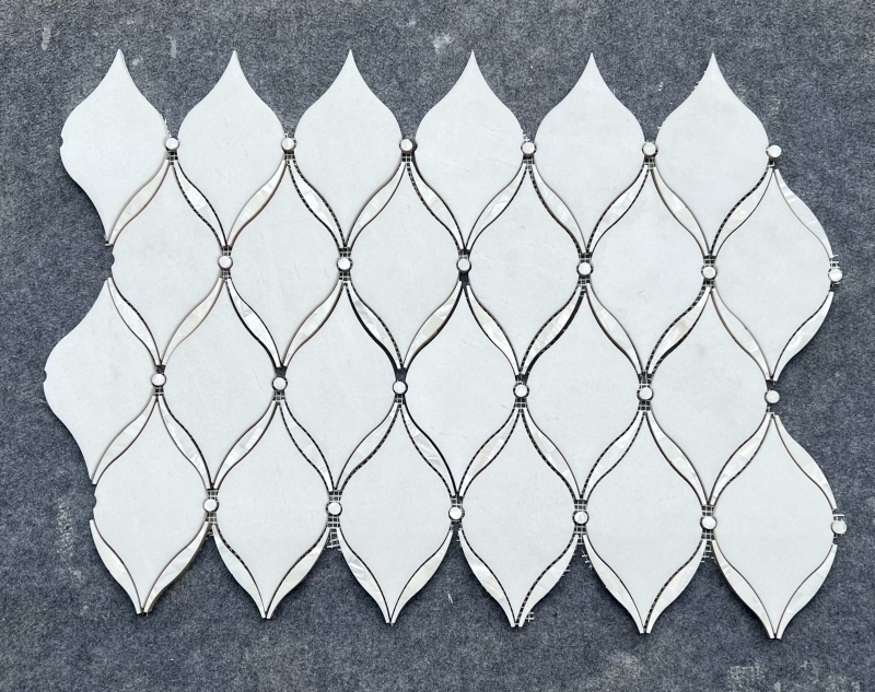 Thasos White Marble with Mother of Pearl Arabesque Waterjet Mosaic Tile Thasos White Marble with Mother of Pearl Arabesque Waterjet Mosaic Tile