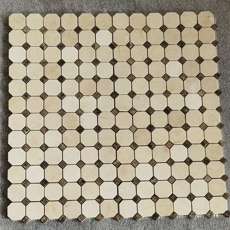 Crema Marfil Marble Octagonal with Dark Emperador Dots Mosaic TIle 2 Crema Marfil Marble Octagonal with Dark Emperador Dots Mosaic TIle 2