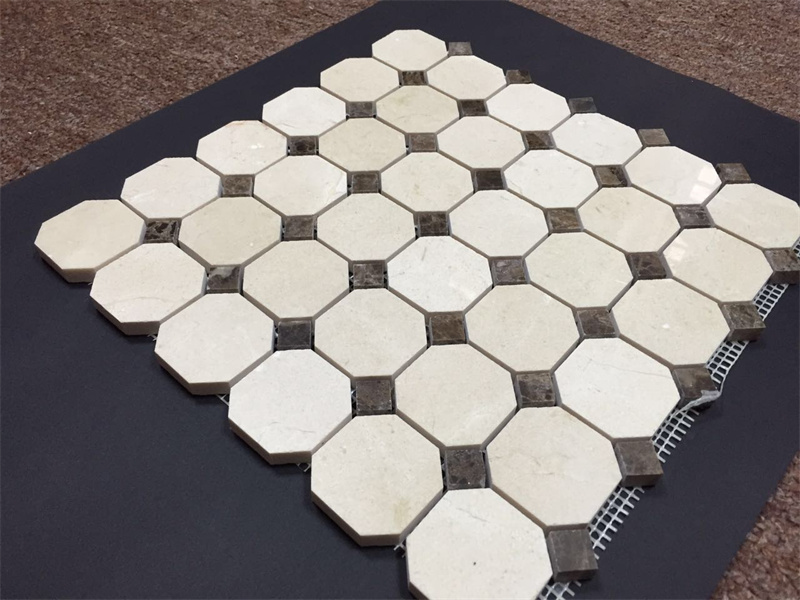Crema Marfil Marble Octagonal with Dark Emperador Dots Mosaic TIle 3 Crema Marfil Marble Octagonal with Dark Emperador Dots Mosaic TIle 3