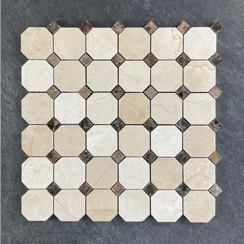Crema Marfil Marble Octagonal with Dark Emperador Dots Mosaic TIle 4 Crema Marfil Marble Octagonal with Dark Emperador Dots Mosaic TIle 4