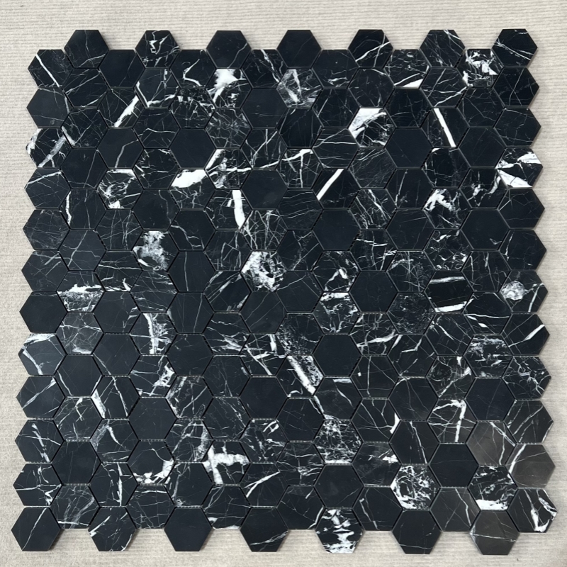 Nero Marquina Marble 2x2 Hexagon Mosaic TileMore White Veins Nero Marquina Marble 2x2 Hexagon Mosaic TileMore White Veins