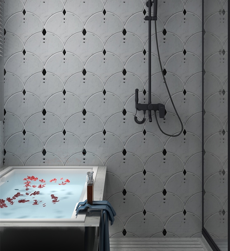 Carrara White with Black Edge Fish Scale Water Jet Marble Mosaic Tile Design Carrara White with Black Edge Fish Scale Water Jet Marble Mosaic Tile Design