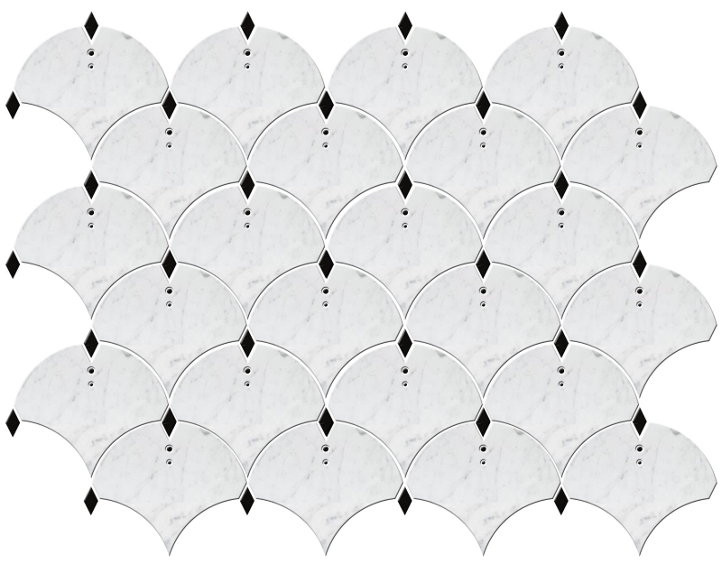 Carrara White with Black Edge Fish Scale Water Jet Marble Mosaic Tile Carrara White with Black Edge Fish Scale Water Jet Marble Mosaic Tile