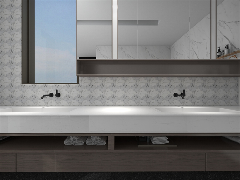Dolomite White with Gray Fan Water Jet Marbie Mosaic Tile Design Dolomite White with Gray Fan Water Jet Marbie Mosaic Tile Design