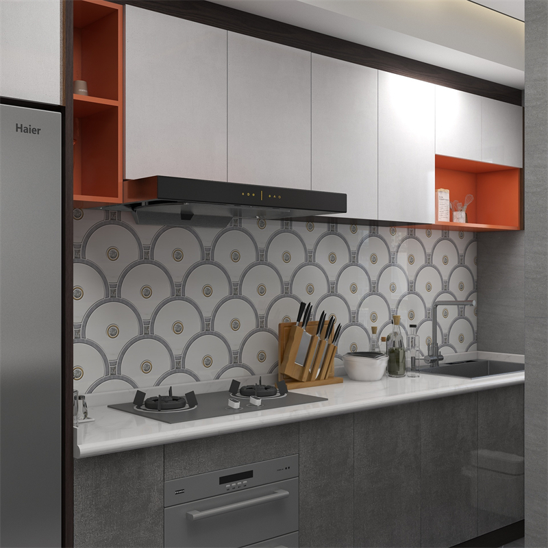 Oriental White with Grey Edge Fish Scale Water Jet Marble Mosaic Tile Design 2 Oriental White with Grey Edge Fish Scale Water Jet Marble Mosaic Tile Design 2