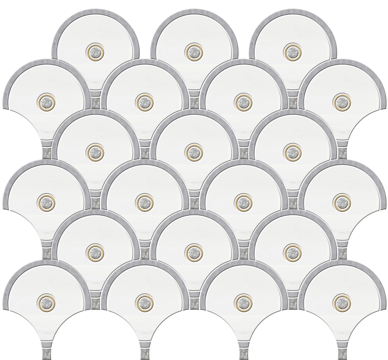 Oriental White with Grey Edge Fish Scale Water Jet Marble Mosaic Tile Oriental White with Grey Edge Fish Scale Water Jet Marble Mosaic Tile