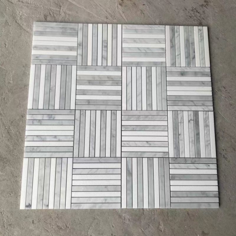 Carrara with Thassos White Marble Basketweave Parquet Modern Mosaic Tile Carrara with Thassos White Marble Basketweave Parquet Modern Mosaic Tile