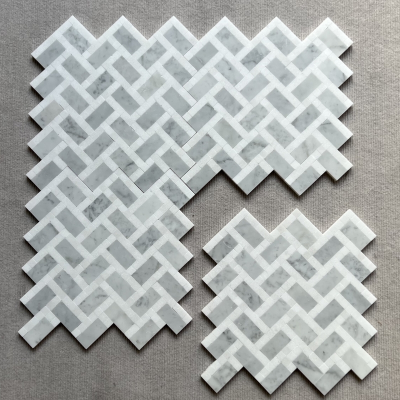 Carrara White with Thassos Marble Herringbone Mosaic Tile Carrara White with Thassos Marble Herringbone Mosaic Tile