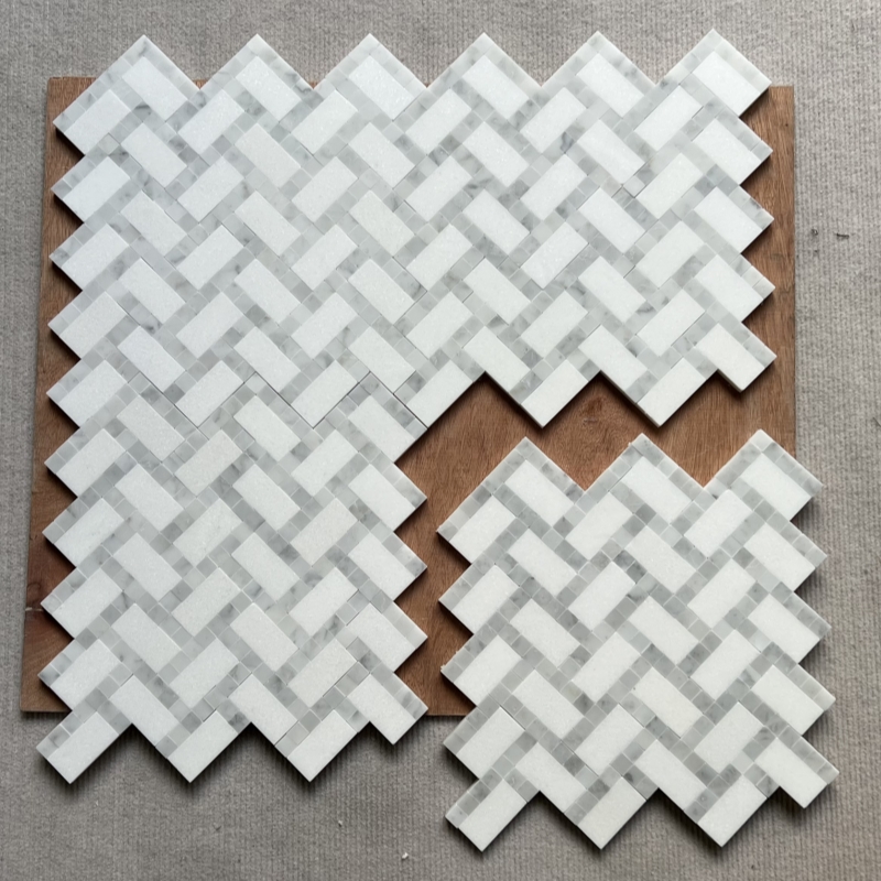 Thassos White with Carrara Marble Herringbone Mosaic Tile 3