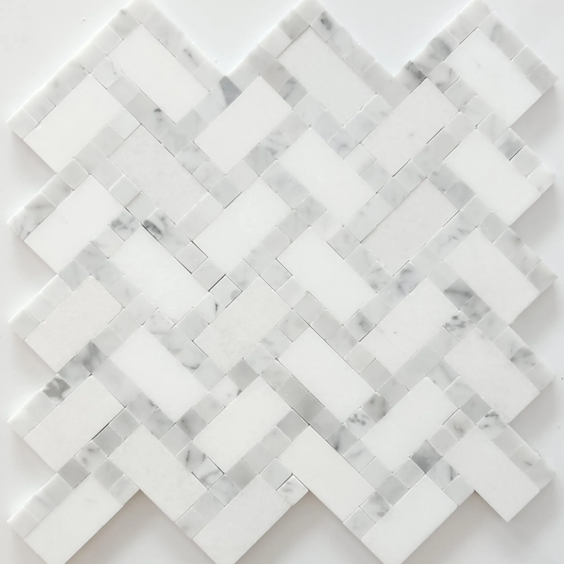 Thassos White with Carrara Marble Herringbone Mosaic Tile