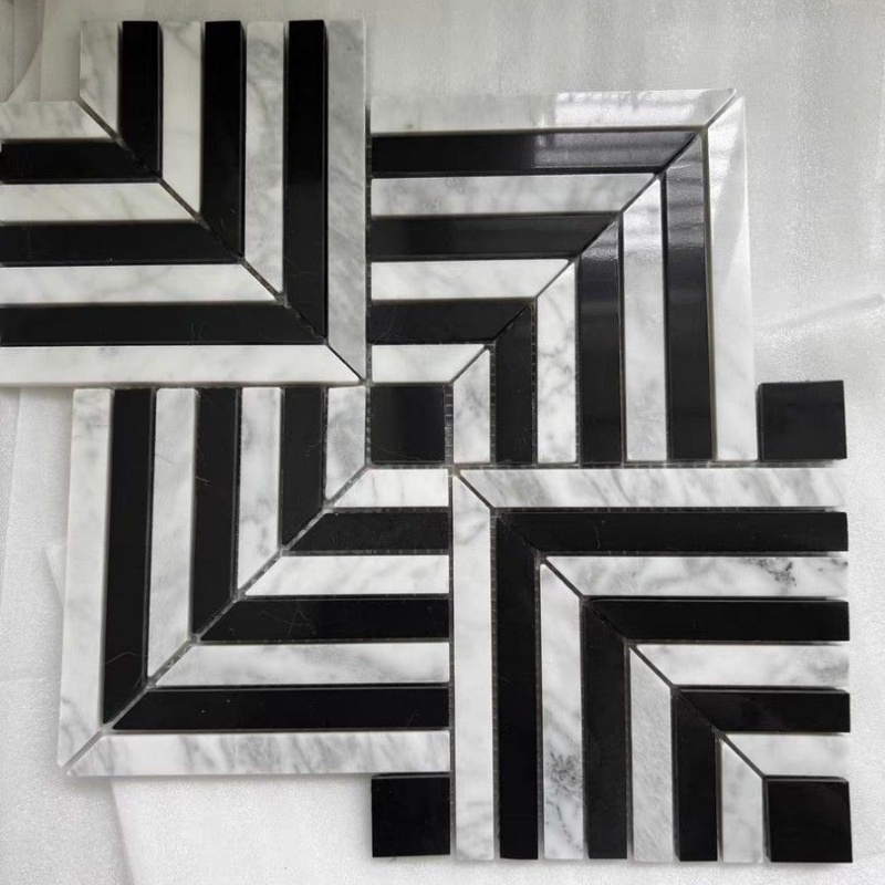 Carrara White and Nero Marquina Black Marble Maze Square Weave Mosaic Tile 2 Carrara White and Nero Marquina Black Marble Maze Square Weave Mosaic Tile 2