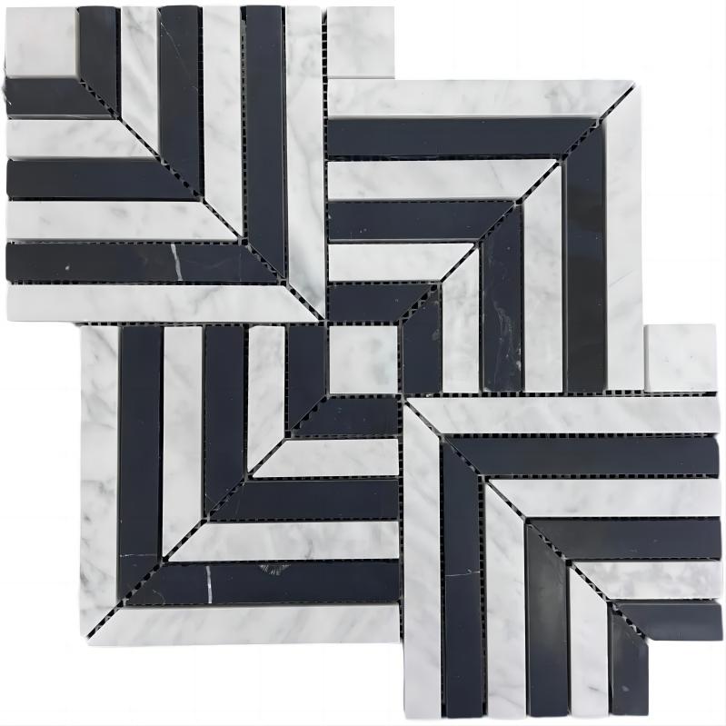 Carrara White and Nero Marquina Black Marble Maze Square Weave Mosaic Tile Carrara White and Nero Marquina Black Marble Maze Square Weave Mosaic Tile