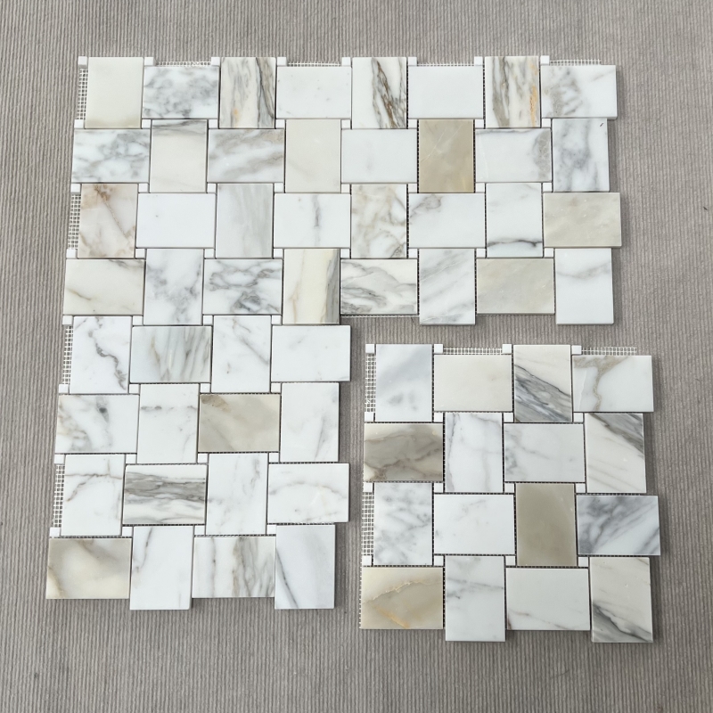 Calacatta Gold Marble with Thassos Dot Big Basketweave Mosaic Tile Calacatta Gold Marble with Thassos Dot Big Basketweave Mosaic Tile