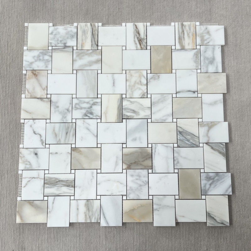 Calacatta Gold Marble with Thassos Dot Big Basketweave Mosaic Tile Calacatta Gold Marble with Thassos Dot Big Basketweave Mosaic Tile