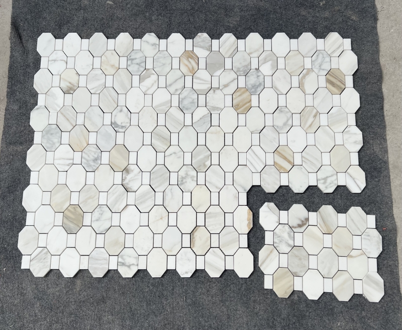 Calacatta Gold Marble with Thassos Dots Octagon Mosaic Tile 1 Calacatta Gold Marble with Thassos Dots Octagon Mosaic Tile 1