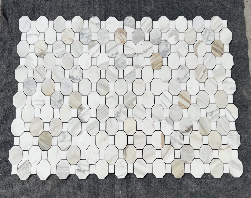 Calacatta Gold Marble with Thassos Dots Octagon Mosaic Tile 2 Calacatta Gold Marble with Thassos Dots Octagon Mosaic Tile 2