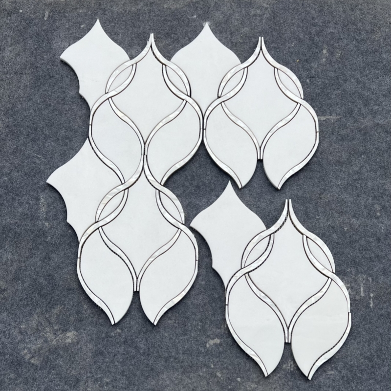 Thasos White Marble with Mother of Pearl Prestige Waterjet Mosaic Tile 2 Thasos White Marble with Mother of Pearl Prestige Waterjet Mosaic Tile 2