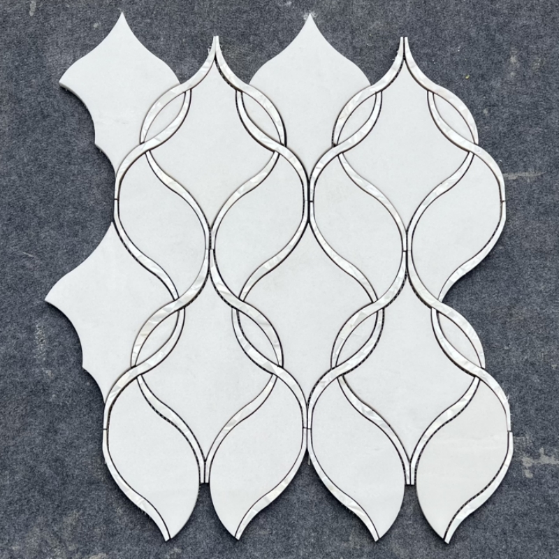 Thasos White Marble with Mother of Pearl Waterjet Mosaic Tile 1 Thasos White Marble with Mother of Pearl Waterjet Mosaic Tile 1