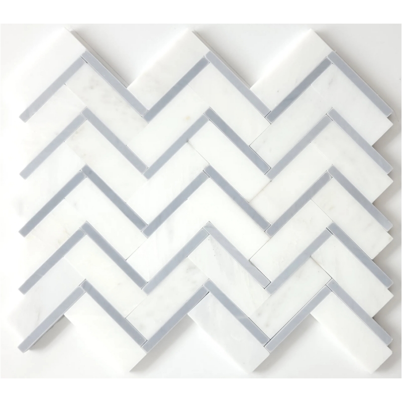 Oriental White With Blue Marble 1x3 Herringbone Mosaic Tile Oriental White With Blue Marble 1x3 Herringbone Mosaic Tile