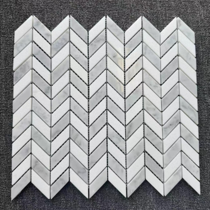 Thasos White Marble With Carrara Mini Chevron Mosaic Tile